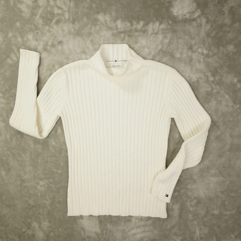 Tommy Hilfiger Vintage Y2K Mock Neck Sweater Womens Medium White Rib Knit Preppy